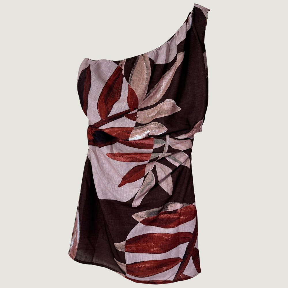 Peppermayo Dress Small One Shoulder Linen Blend Tropical Floral Palm Mini Brown